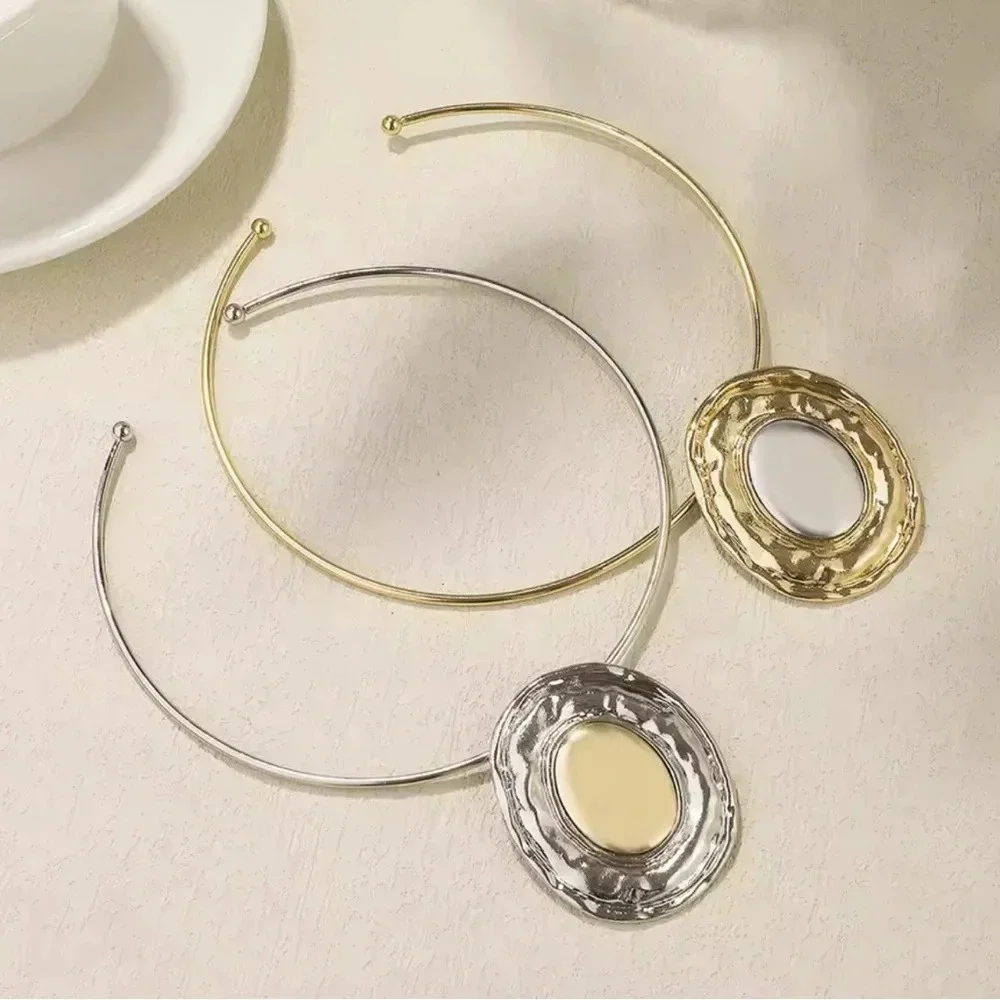 Silver Button Oval Bangle Necklace